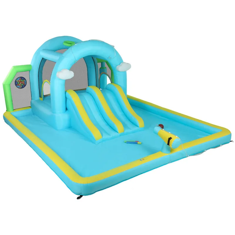 AIYAPLAY Castillo Hinchable Grande Acuático 7 en 1 con Soplador 450W Hinchable para Niños con Tobogán Seco/Agua, Trampolín, Piscina, Canasta, Columna de Boxeo Exterior/Interior 3-8 Años 426x360x198 cm