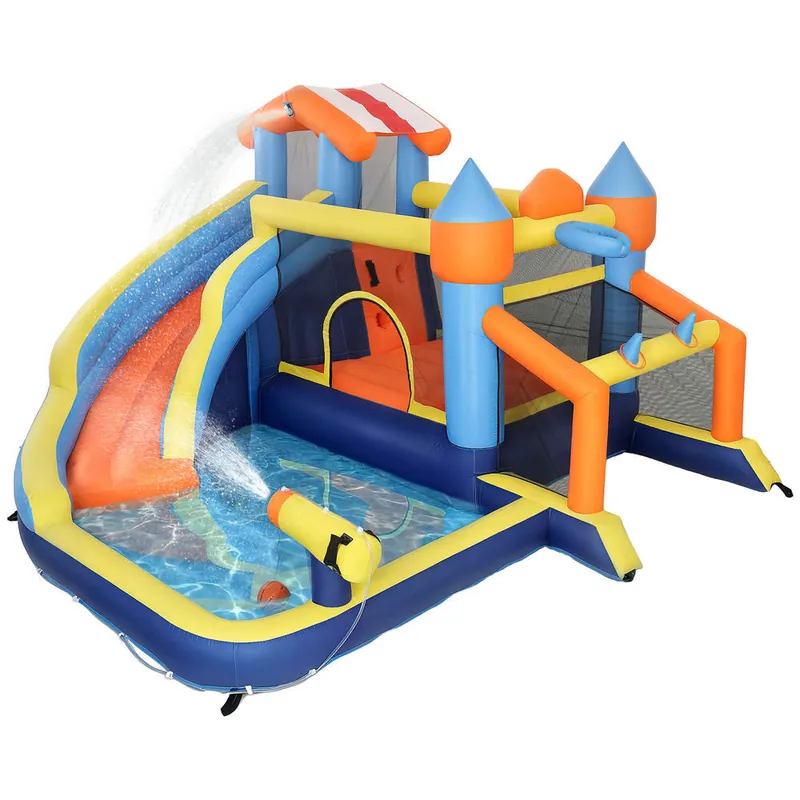 AIYAPLAY Castillo Hinchable Acuático 8 en 1 con Soplador 550W Castillo Hinchable Niños con Tobogán Extralargo Seco/Mojado Zona de Salto Escalada Piscina Portería Canasta Exterior Interior 350x325x210 - Jardín