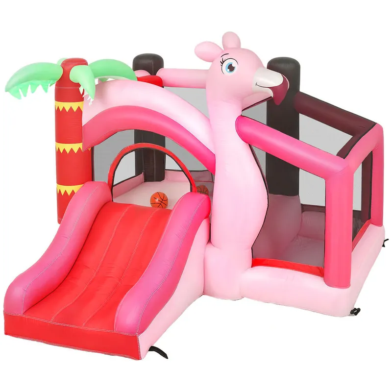 AIYAPLAY Castillo Hinchable para Niños con Soplador, Castillo Hinchable con Tobogán, Cama Elástica, Piscina de Pelotas, Canasta de Baloncesto, Diseño de Flamenco, Interior y Exterior, 255x230x196 cm - Jardín