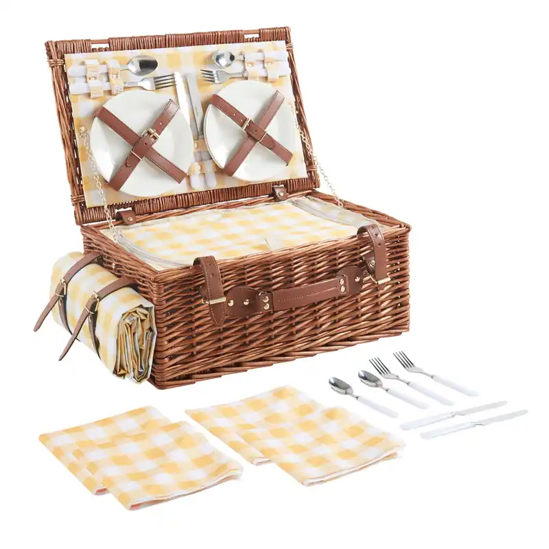 Cesta de picnic Brindisi para 4 personas 46x31x20cm - Blanco / Amarillo [casa.pro]