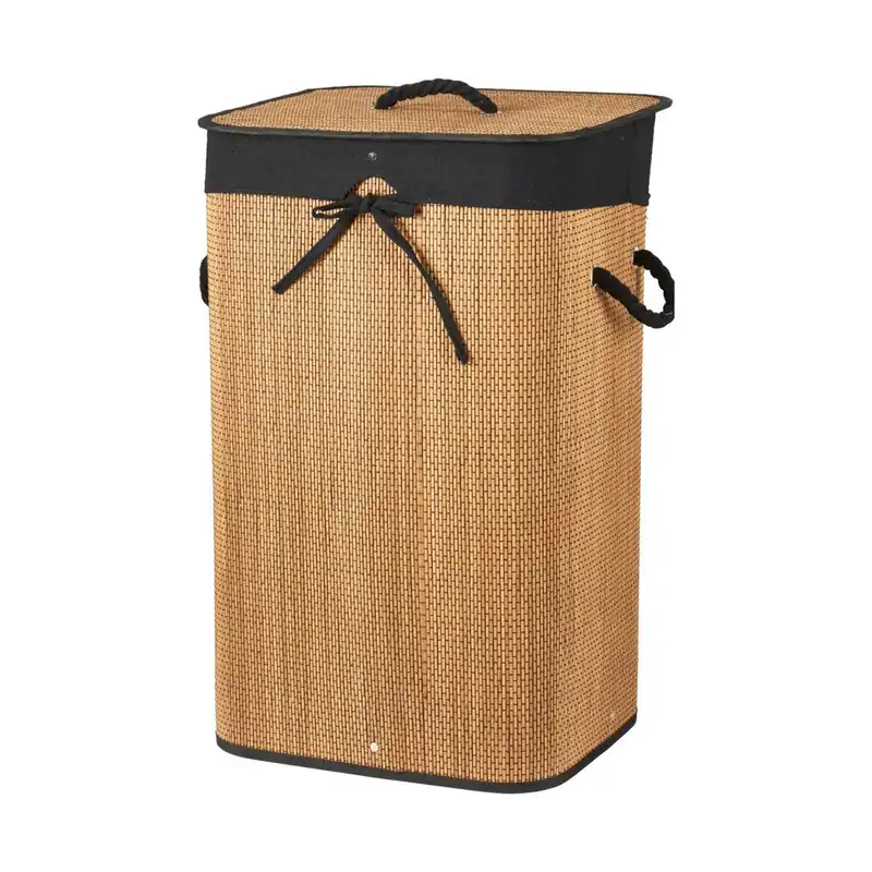 Cesta de ropa Plegable de bambú con forro de lino en color Natural y detalles Negros 40x30x60cm - Baño