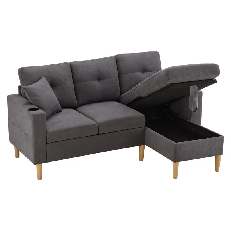 Chaise longue 3 plazas fija reversible de algodón y lino con almacenaje,beige - Sofás sillones puffs