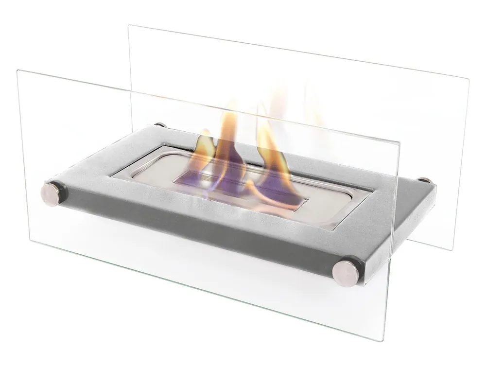 Biochimenea de sobremesa en INOX con doble cristal templado. Llamas reales sin humos ni cenizas. Diseño minimalista y seguro. Uso en interior o exterior. Funciona con bioetanol, sin necesidad de gas ni electricidad. - Electrodomésticos