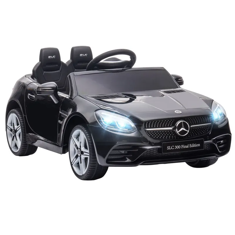 AIYAPLAY Coche Eléctrico para Niños de +3 Años, Mercedes SLC 300, Coche Eléctrico 12V, con Mando a Distancia 2,4 G, Ruedas Traseras con Suspensión, Faros LED, Música, USB, Motor Doble, Negro - Electrónica