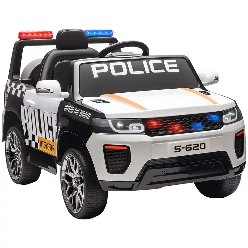 AIYAPLAY Coche Eléctrico para Niños de Policía, Coche de Batería 12V, con Motor Doble, Mando a Distancia 2,4 G, Suspensión en 4 Ruedas, Sirena, Faros LED, Puerto USB, Blutooth y Música, Blanco - Electrónica