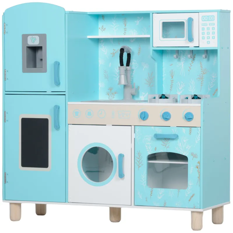 AIYAPLAY Cocina de Juguete para Niños +3 Años Cocina de Madera Infantil Cocinita Infantil con Sonido Fogón Horno Grifo Fregadero Microondas Lavadora Máquina de Hielo y Accesorios de Cocina Azul - Jardín