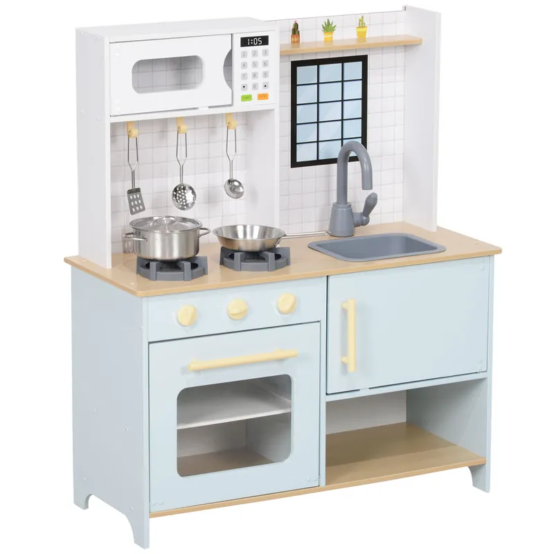 AIYAPLAY Cocina de Juguete para Niños +3 Años Cocina de Madera Infantil Cocinita Infantil con Sonido Fogón Horno Grifo Fregadero Microondas y Accesorios de Cocina Azul - Jardín