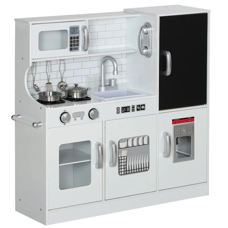 AIYAPLAY Cocina de Juguete Cocina para Niños de +3 Años Cocinita Infantil de Madera con Accesorios para Cocinar Pizarra Máquina de Hielo y Teléfono 83,8x26,8x81 cm Blanco - Jardín