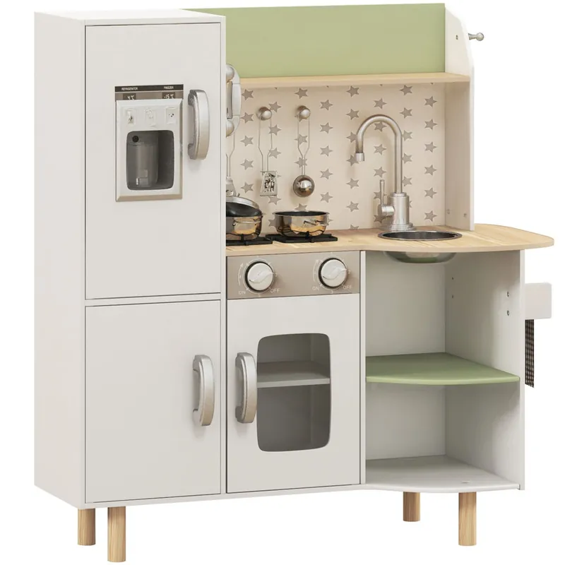 AIYAPLAY Cocina de Juguete de Madera para Niños de 3-6 Años Cocinita Infantil con Máquina de Hielo Fregadero de Acero Inoxidable Móvil Taza y Utensilios 84x34x89 cm Blanco