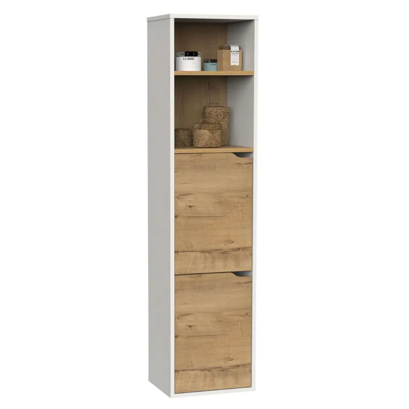Columna de Baño Suspendida Nadia 2 huecos, estantes regulables, 2 armarios Blanco mate y Roble gold 37x150x30 cm