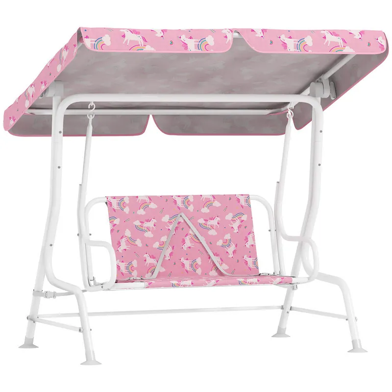 AIYAPLAY Columpio de Jardín Exterior para Niños de 2 Plazas, Balancín de Jardín, Toldo Ajustable, con Cinturones de Seguridad, Diseño de Unicornio y Arcoíris, para Interior, Patio, 112x75x120 cm, Rosa