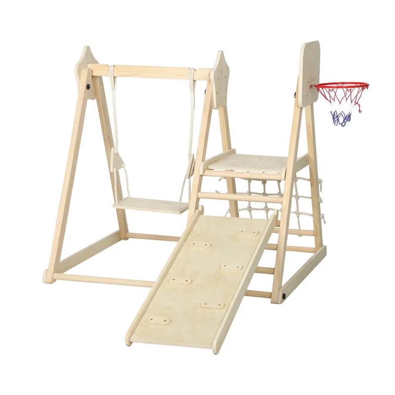 AIYAPLAY Tobogán Infantil 5 en 1, Estructura de Escalada de Madera con Tobogán, Columpio, Aro de Baloncesto, Tabla, Red de Escalada, Parque Plegable para Niños de 3-6 Años, Interior, Exterior, Natural