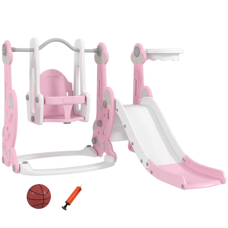 AIYAPLAY Tobogán Infantil 4 en 1 Parque Infantil con Columpio y Tobogán Escalador Aro de Baloncesto Temática de Cohete para Interior Rosa y Blanco - Jardín
