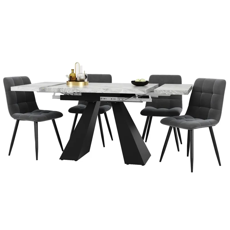 Conjunto comedor 5 piezas 160x80 cm - Mesa extensible con 4 sillas de terciopelo gris - Blanco y negro