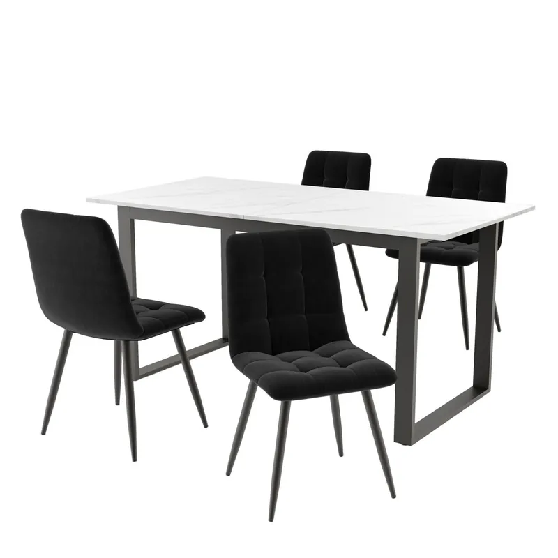 Conjunto comedor + 140/180x80x75cm - Mesa moderna + 4 sillas, MDF blanco, patas negras, sillas terciopelo negro