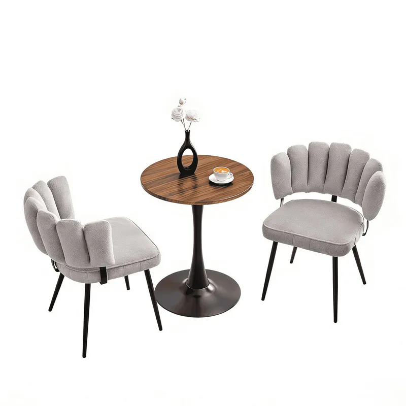 Conjunto mesa y sillas 60 cm - mesa redonda MDF con pie negro y 2 sillas de comedor con respaldo pétalo de terciopelo y patas negras - Light Coffee, Walnut+black