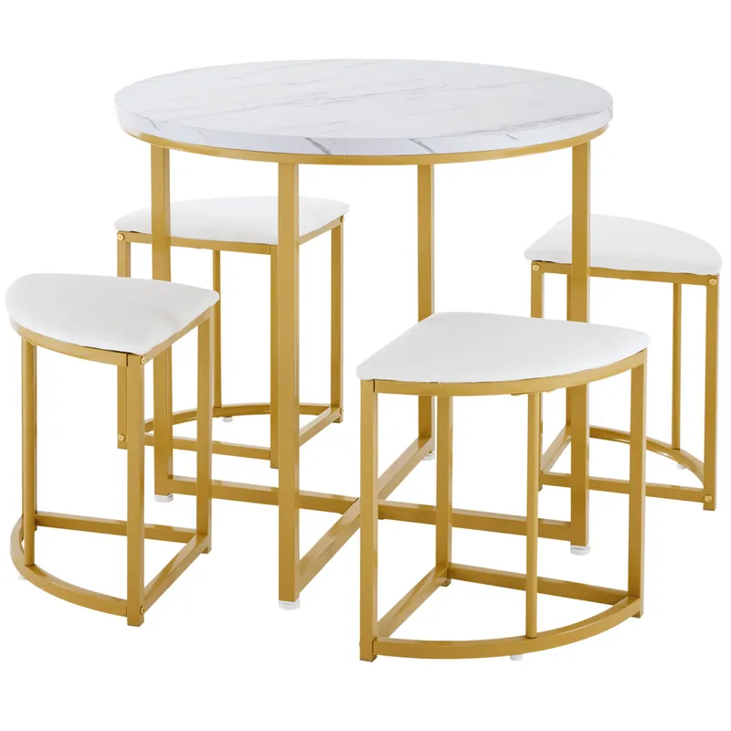 Mesa de comedor y 4 sillas - Tapa de MDF, estructura de hierro dorado y cojines de terciopelo blanco - Blanco y Dorado