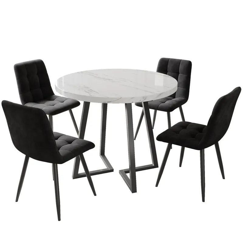 Conjunto comedor 5 piezas 80 cm - mesa redonda con patas metálicas negras - sillas terciopelo gris