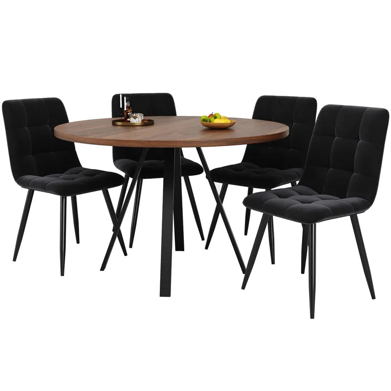 Conjunto mesa y sillas 5 piezas 80x80x75 cm - Mesa redonda con 4 sillas de terciopelo - Blanco y dorado