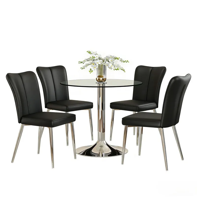 Conjunto mesa comedor 85 cm - mesa de cristal y 4 sillas PU - negro plata