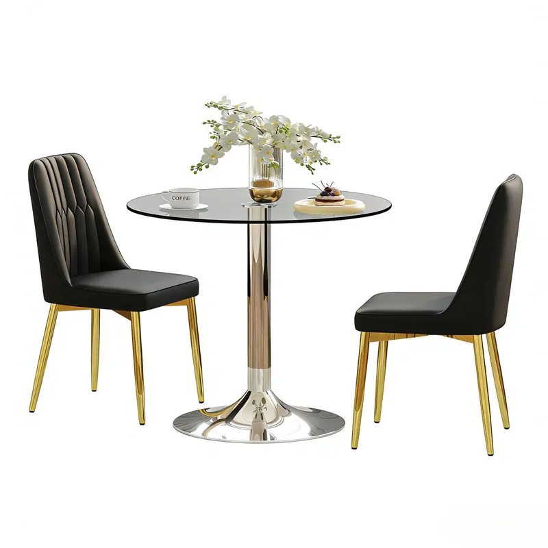 Conjunto mesa comedor 85 cm - vidrio templado con 2 sillas PU - blanco dorado plateado