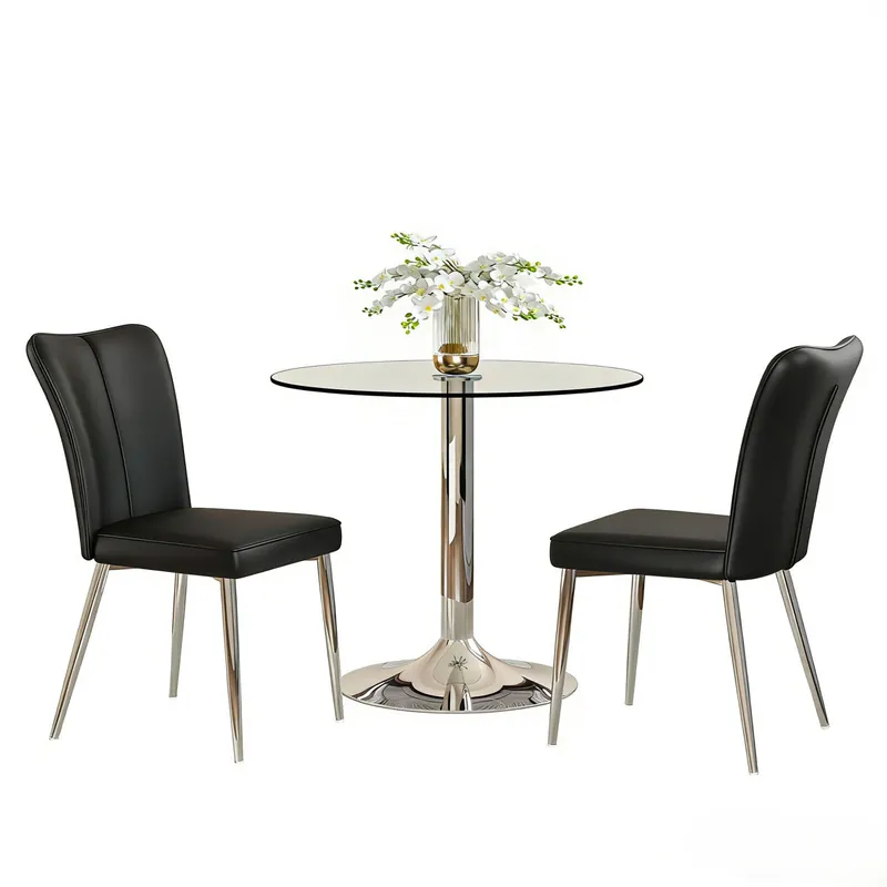 Conjunto mesa comedor 85 cm - vidrio seguridad, 2 sillas PU - negro plata
