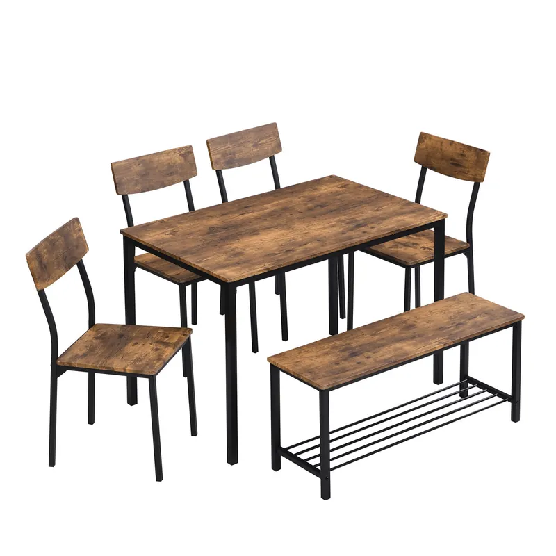Conjunto Mesa y 4 Sillas 1 Banco - 6 plazas - estructura de acero - estilo industrial - Marrón