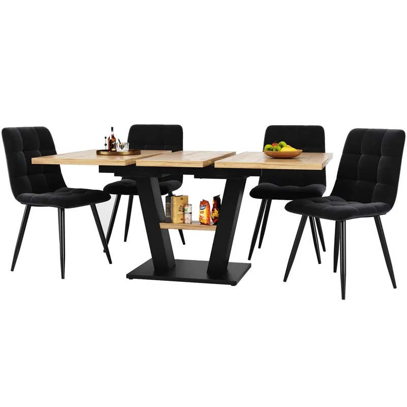 Conjunto comedor extensible 118-157x70 cm - 4 sillas, mesa con patas V - Negro, Natural