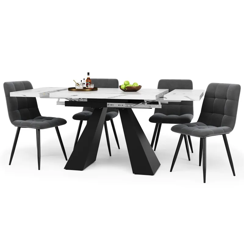 Conjunto comedor 5 piezas 160x80cm - Mesa extensible con 4 sillas de terciopelo gris - Blanco y negro
