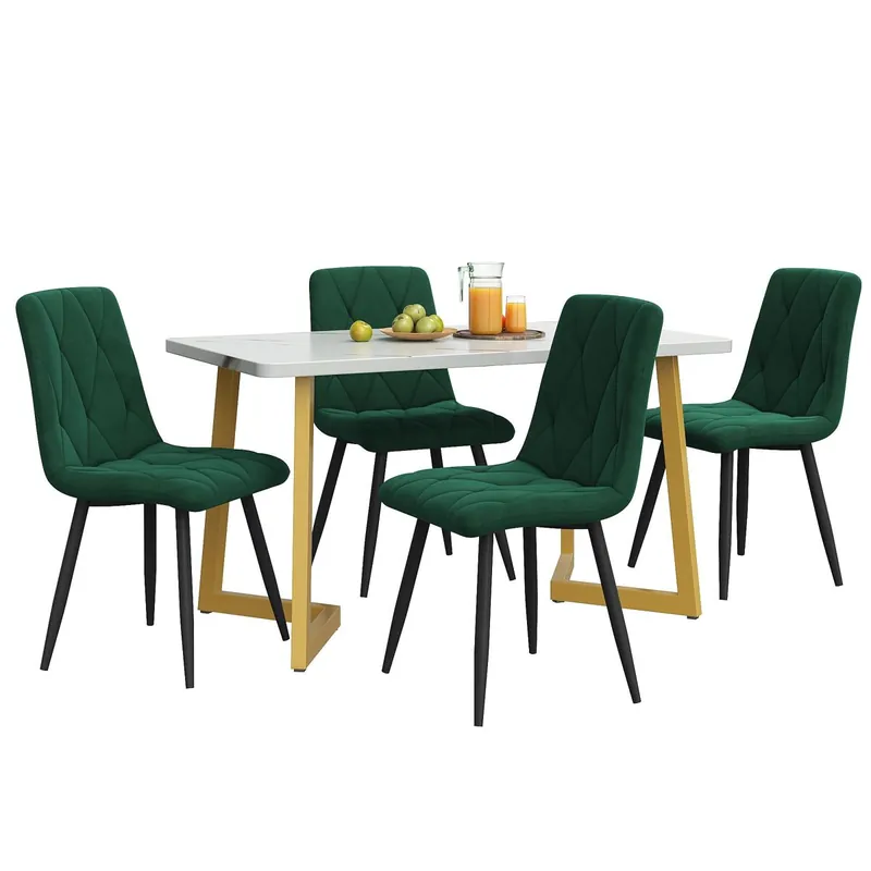 Conjunto comedor 117x68cm - Mesa rectangular con 4 sillas - Tela Twill verde oscuro - Patas doradas