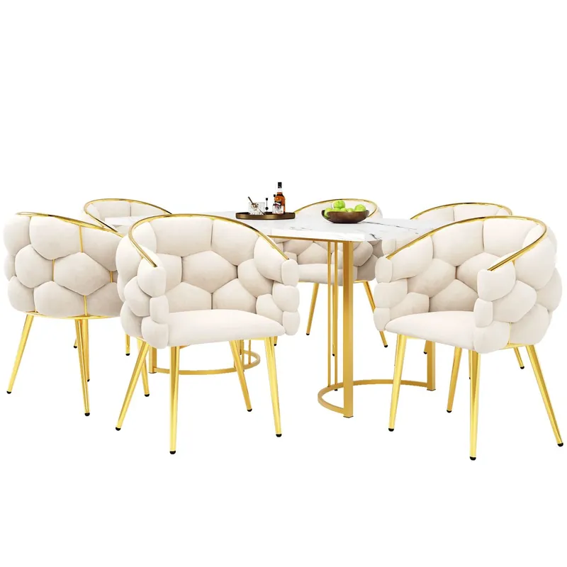 Conjunto comedor (7 piezas) 140x80 cm - mesa con 6 sillas, patas metálicas doradas, diseño marmolado - beige, dorado, blanco