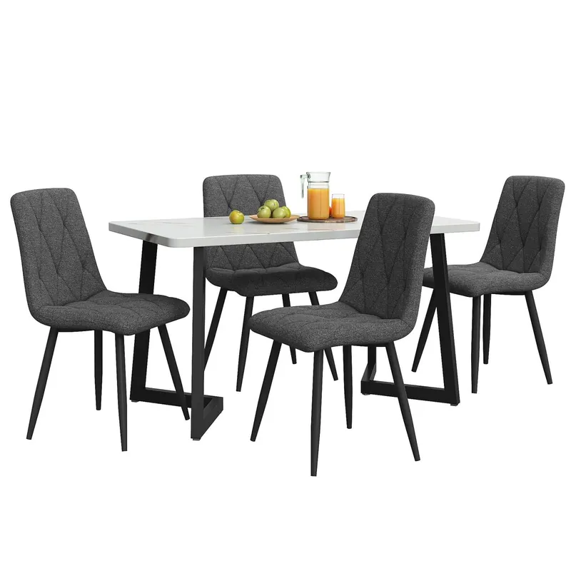 Conjunto comedor 117x68cm - Mesa rectangular moderna con 4 sillas, tela lino gris, patas negras