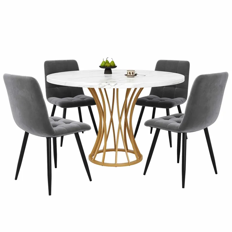 Conjunto comedor 5 piezas 80 cm - Mesa redonda con patas metálicas doradas, mesa blanca mármol, sillas gris terciopelo