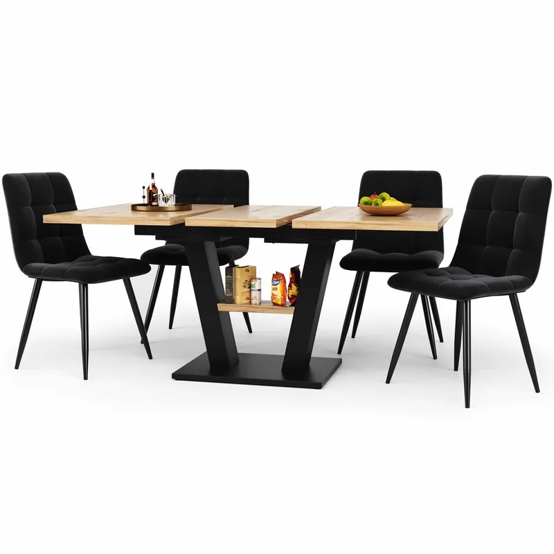 Conjunto comedor extensible 118-157x70 cm - 4 sillas, mesa con patas V - Negro, Natural