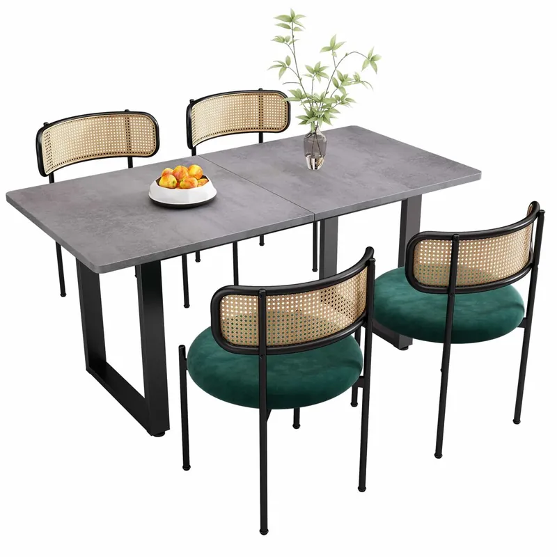 Conjunto de mesa y sillas de comedor 5 piezas - 4 sillas de comedor de terciopelo y 1 mesa rectangular - estilo moderno y sencillo - Gris + Verde + Negro