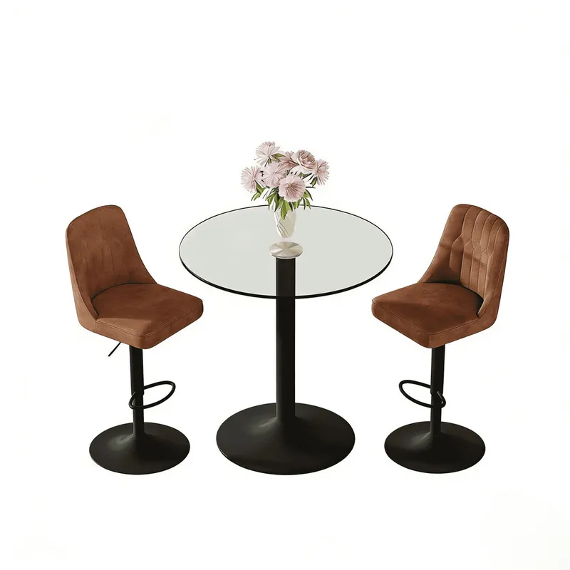 Set de bar 89 cm - Mesa de vidrio con 2 taburetes giratorios de tela tecnológica marrón, estructura metálica negra - Marrón+Negro+Transparente