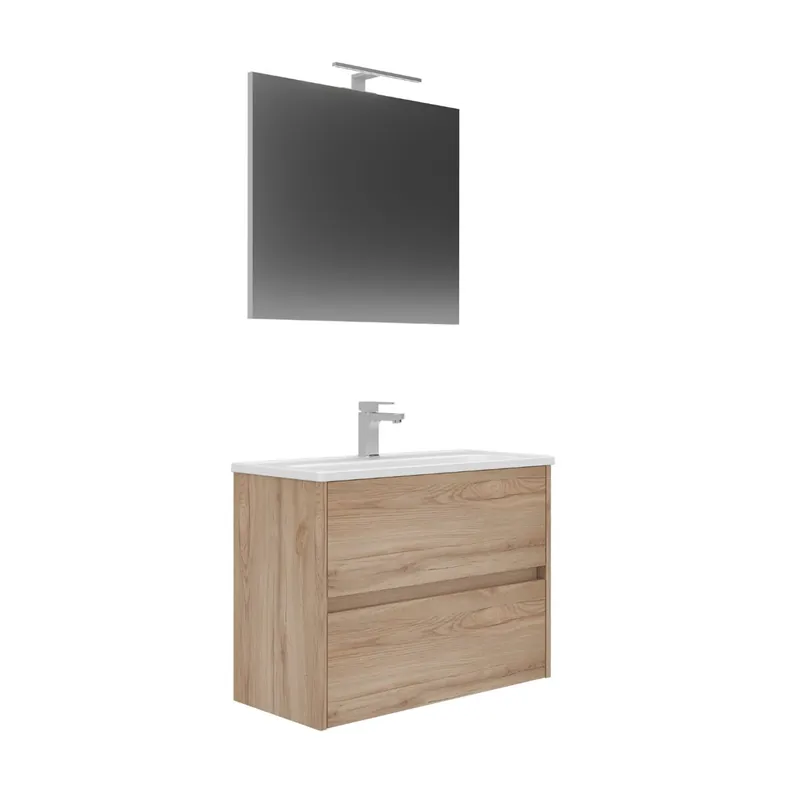 Conjunto de Mueble LOVA de Baño de 2 Cajones con Lavabo y Espejo con aplique de luz de 80 cm Roble