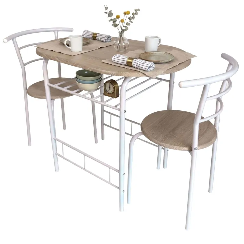 Juego de Mesa y 2 Sillas Cocina Butterfly Fija, Mesa Fija, Melamina Color Blanco y Roble Sonoma - Muebles