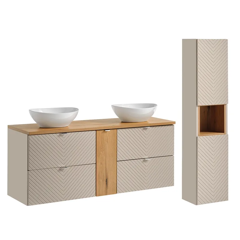 Conjunto de muebles con doble lavabo 140cm 4 cajones 1 puerta y columna Manoa Cachemira y madera - Baño