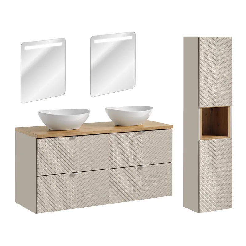 Conjunto de muebles con doble lavabo 120cm espejos LED y columna Manoa Cachemira y madera - Baño
