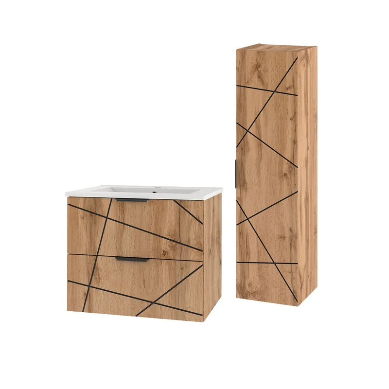 Conjunto de muebles con lavabo individual encastrado 80cm y columna Teren Madera - Baño