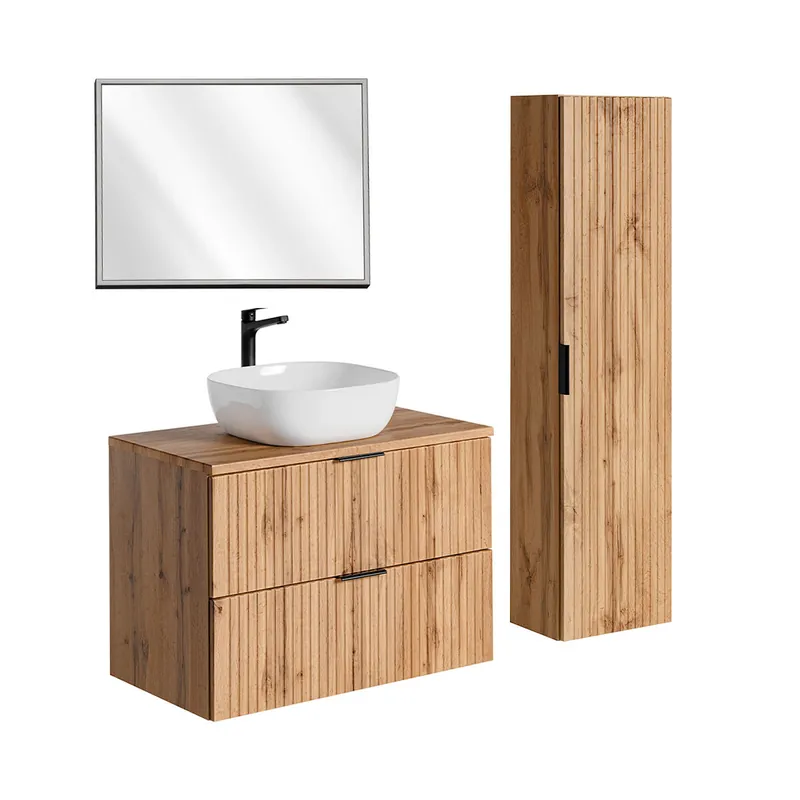 Conjunto de muebles con lavabo individual 80cm espejo LED y columna Adriel Madera - Baño