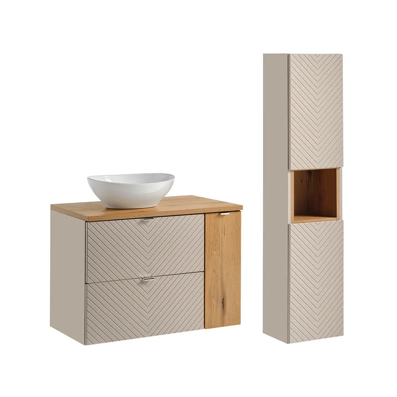 Mueble lavabo 80cm 2 cajones 1 puerta y columna Manoa Cachemira y madera - Baño