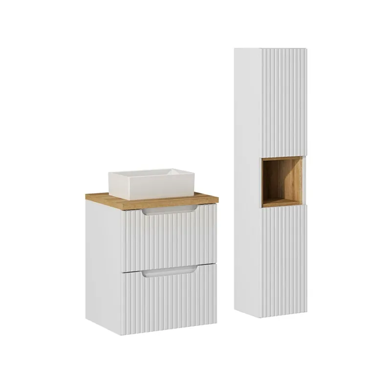 Conjunto de muebles con lavabo individual 50cm 2 cajones y columna Riva Blanco y Madera - Baño