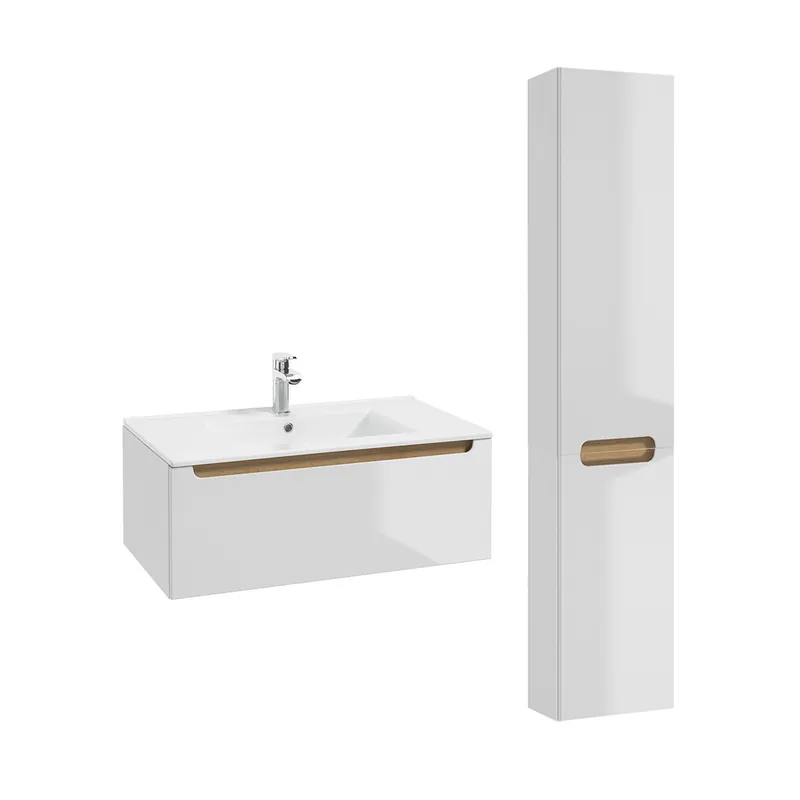 Conjunto de muebles con lavabo individual encastrado 80cm 1 cajón y columna Livia Blanco y Madera - Baño