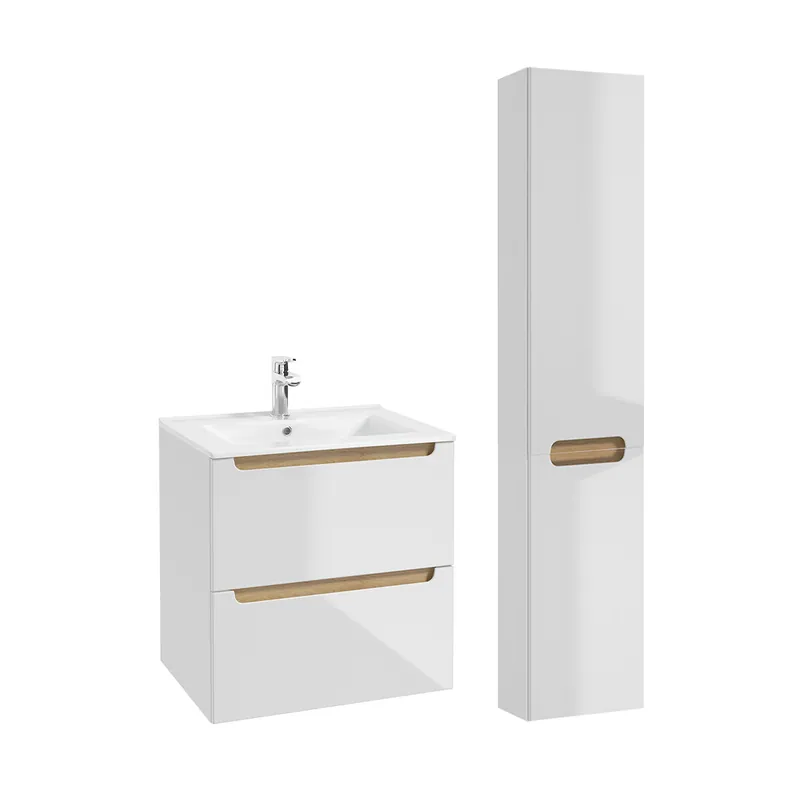 Conjunto de muebles con lavabo individual encastrado 60cm 2 cajones y columna Livia Blanco y Madera - Baño