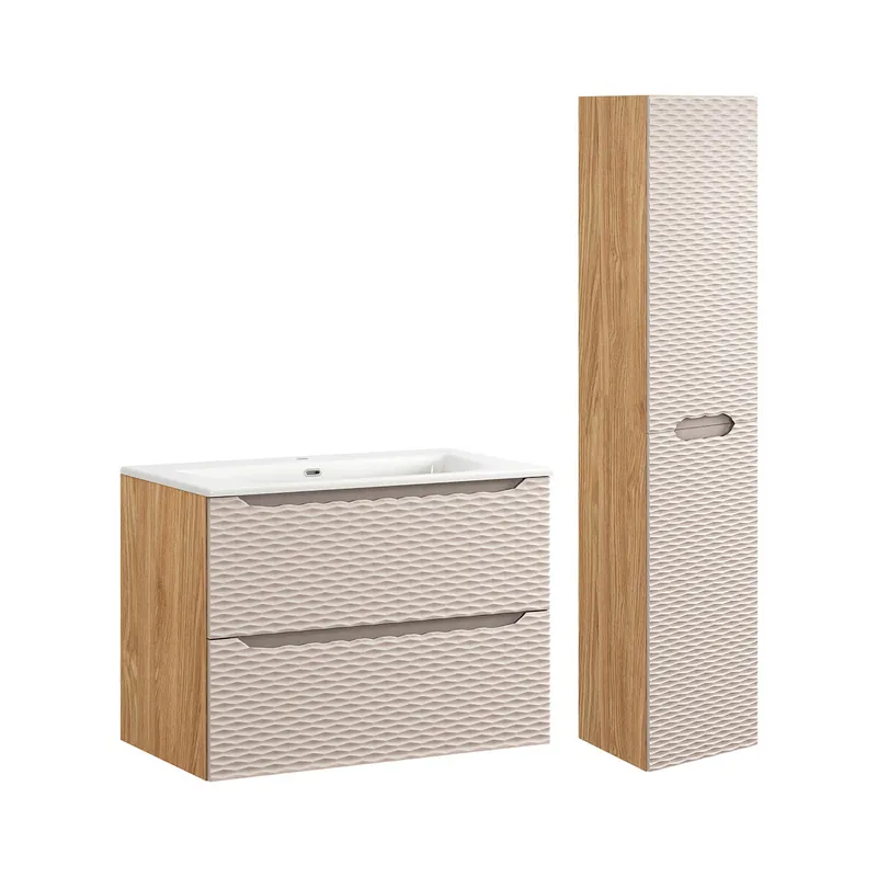 Conjunto de muebles con lavabo individual encastrado 80cm y columna Elora Negro y madera - Baño