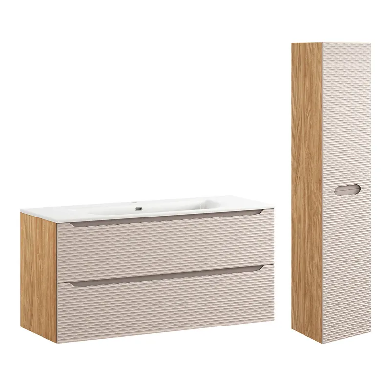 Conjunto de muebles de lavabo individual encastrado 120cm 2 cajones y columna Elora Negro y madera - Baño