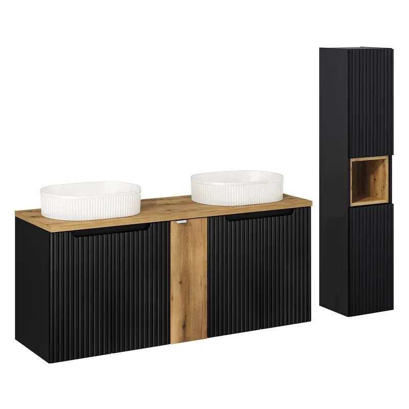 Conjunto de muebles doble lavabo 140cm 5 puertas y columna Riva Blanco y Madera - Baño