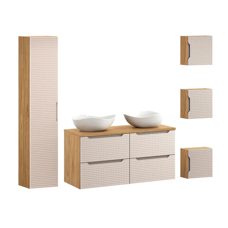 Conjunto de muebles con doble lavabo 120cm columna y 3 armarios de pared Mallory Beige y madera - Baño